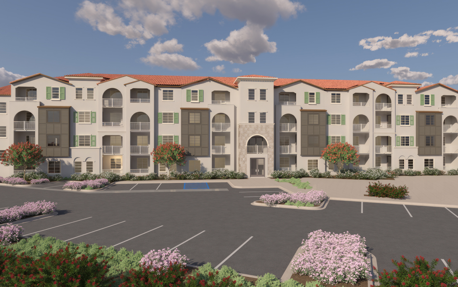 A rendering of a building with a parking lot in front.
